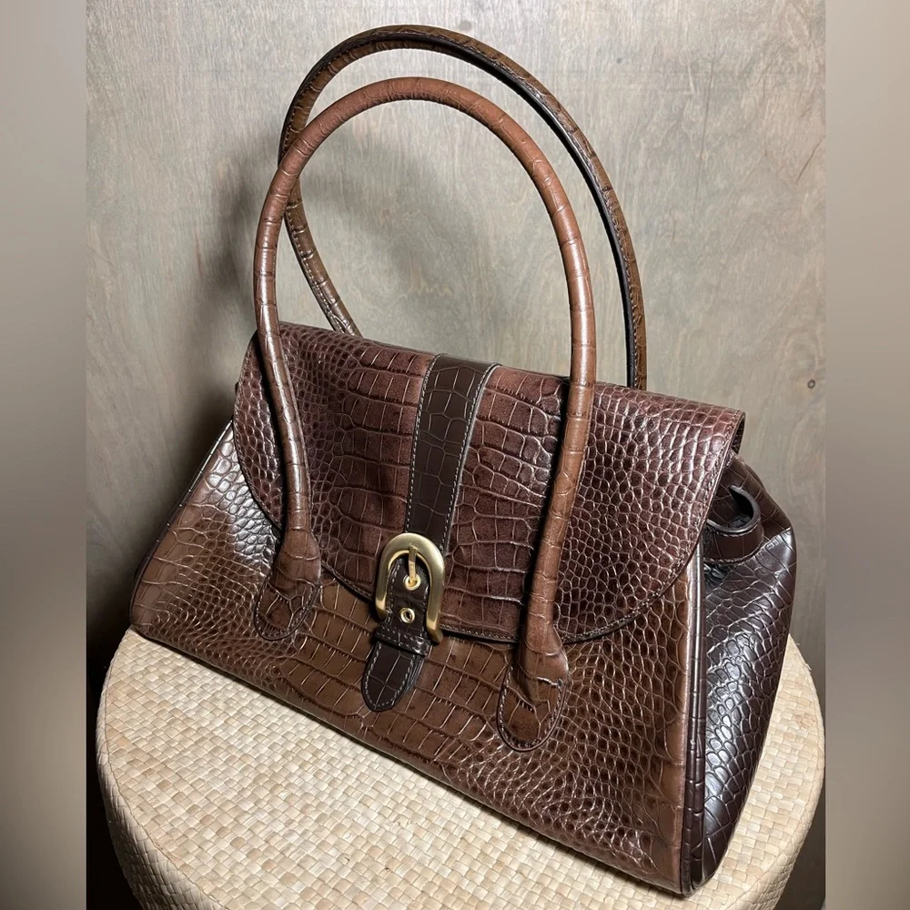 Loft Ann Taylor Brown Leather Faux Croc Handbag